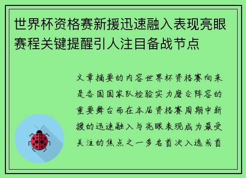 世界杯资格赛新援迅速融入表现亮眼赛程关键提醒引人注目备战节点